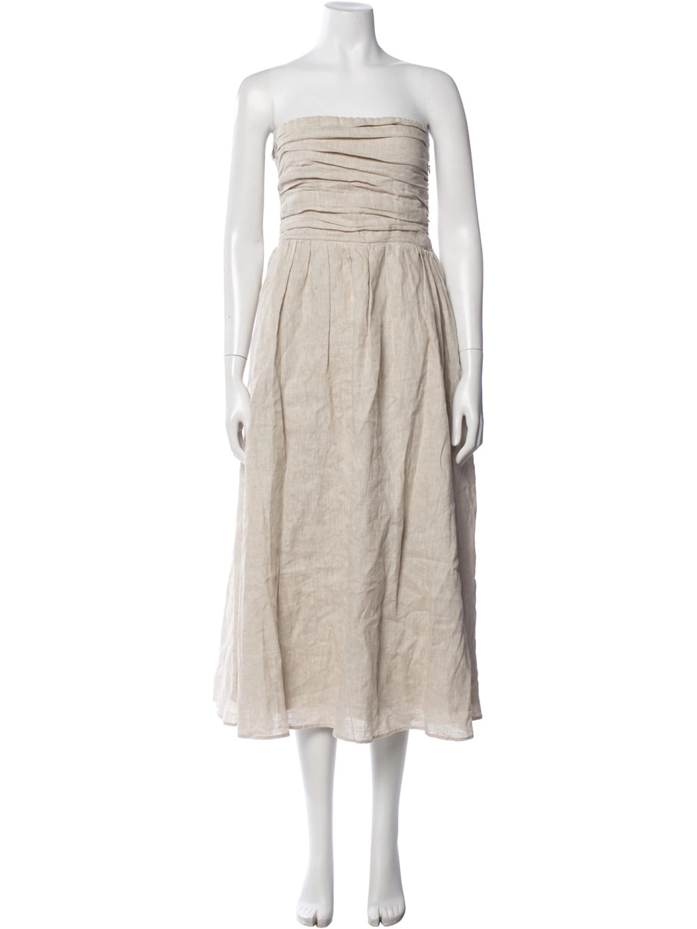 DISSH Strapless Ruched Linen Midi Dress in Beige